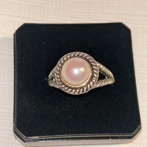 Vintage Sterling silver 14 gold trim real pearl size 7 ATR